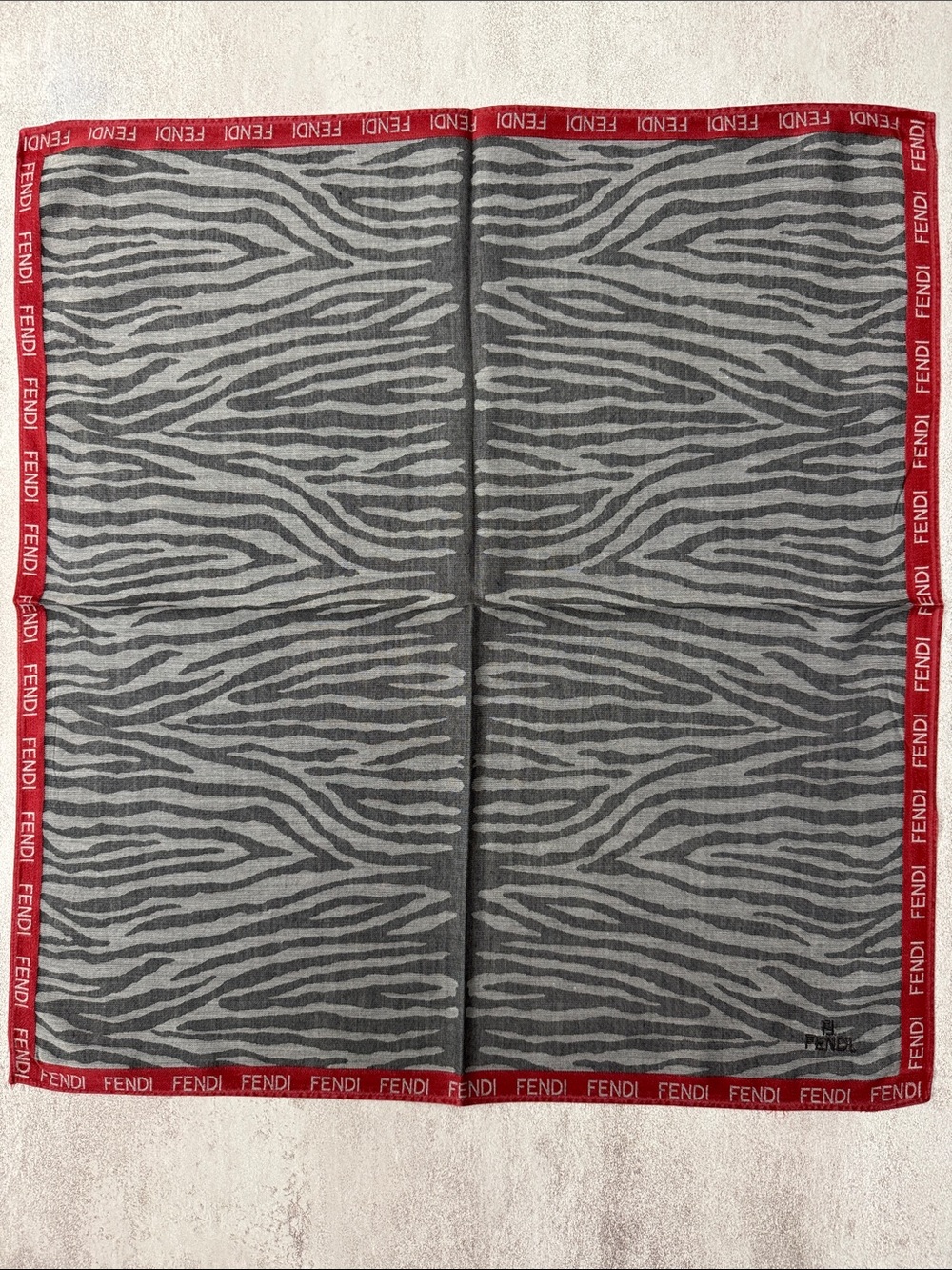 Fendi Gray Zebra Print Scarf with Red Logo Trim cotton
